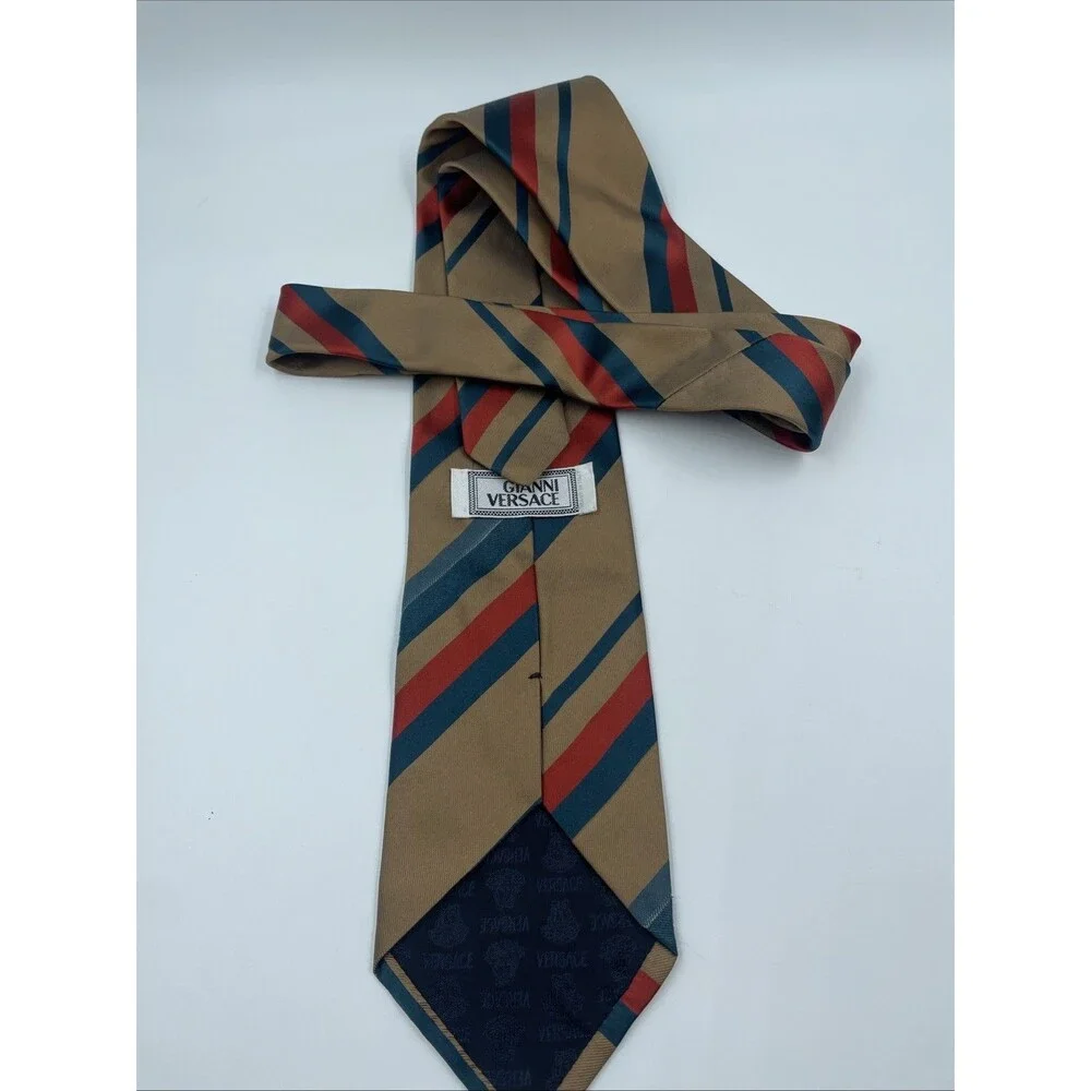 Gianni Versace Tie Men's 100% Silk Gold Brown W Red Blue Stripes Made in Italy